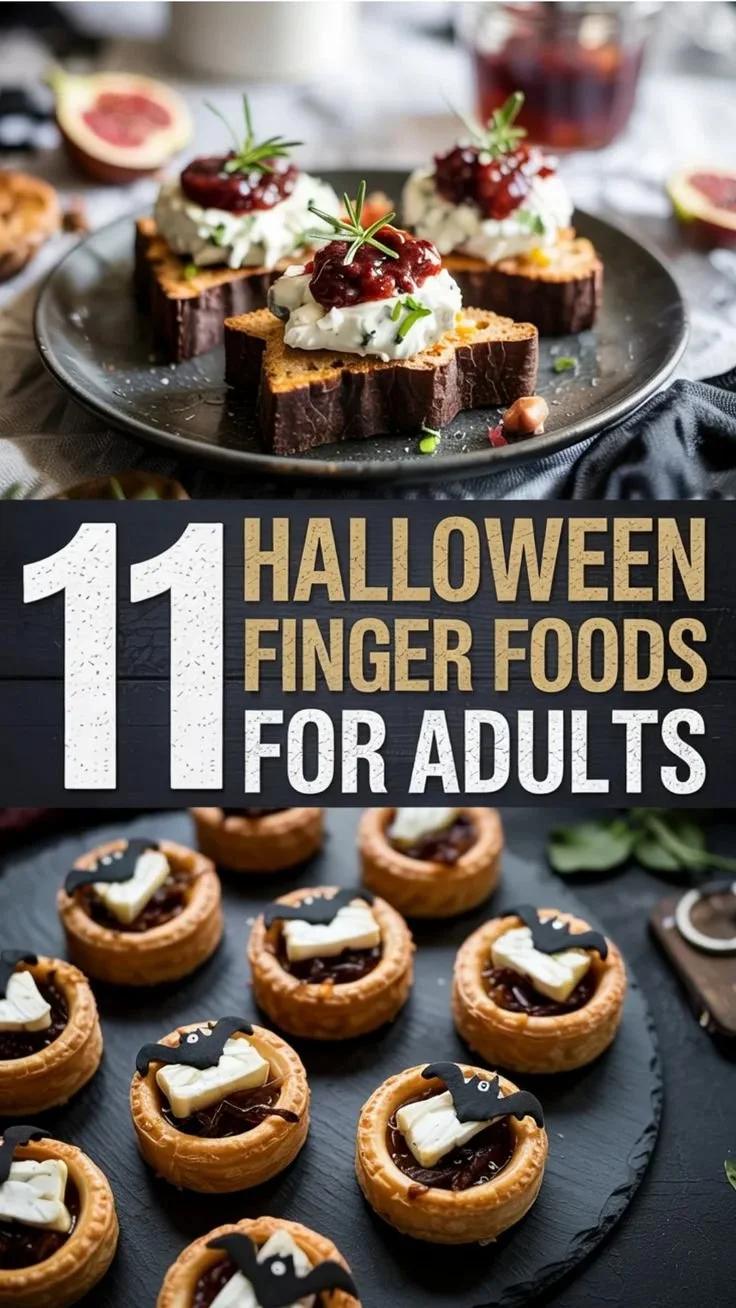 Gourmet Halloween finger foods served on a festive platter for adults