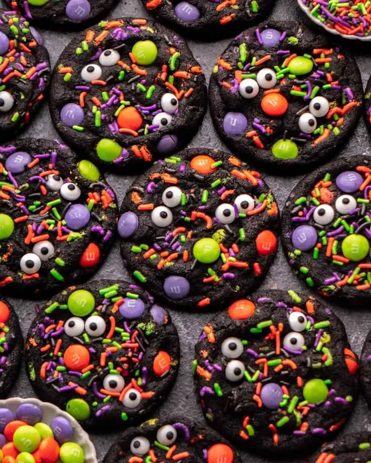 Assorted Halloween desserts including brownie cookies, dark chocolate cookies, and sprinkles cookies.