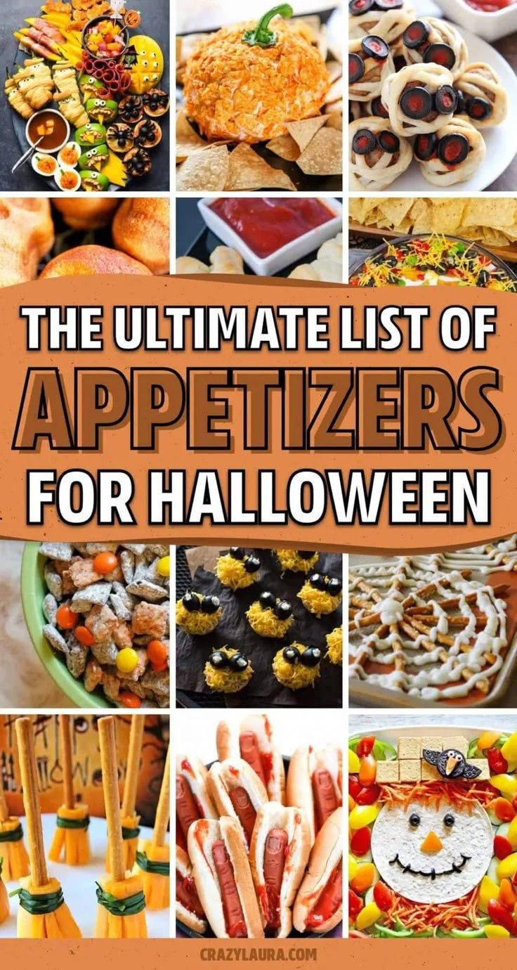 A variety of Halloween appetizers laid out for a spooky party celebration.