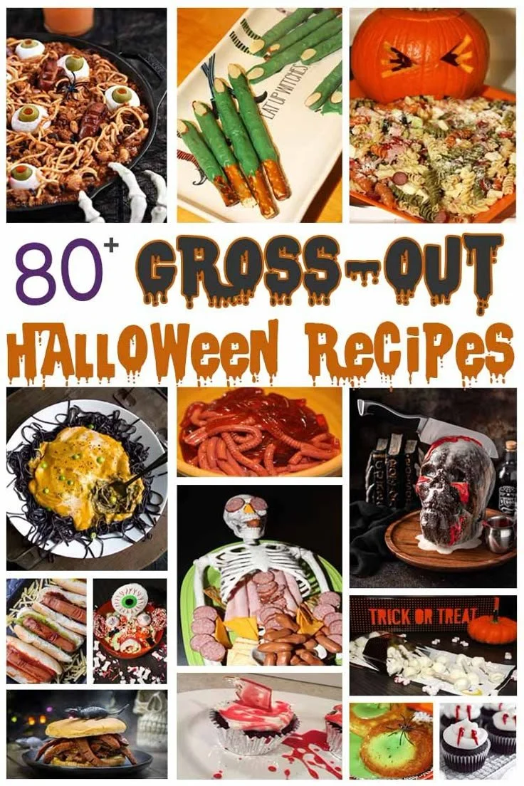 Plate of gross-out Halloween recipes including creepy snacks and scary foods.