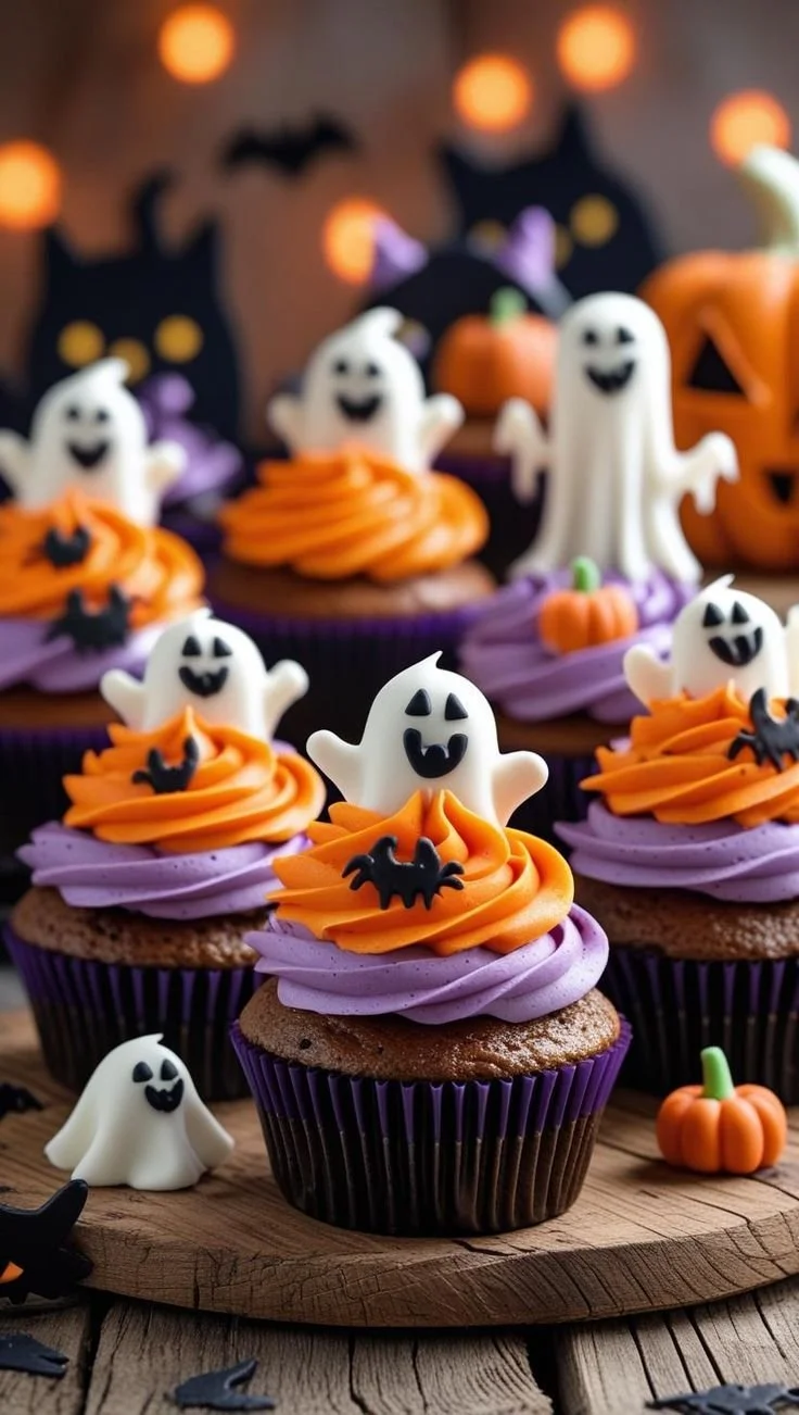 Adorable ghost-themed Halloween cupcakes decorated for parties