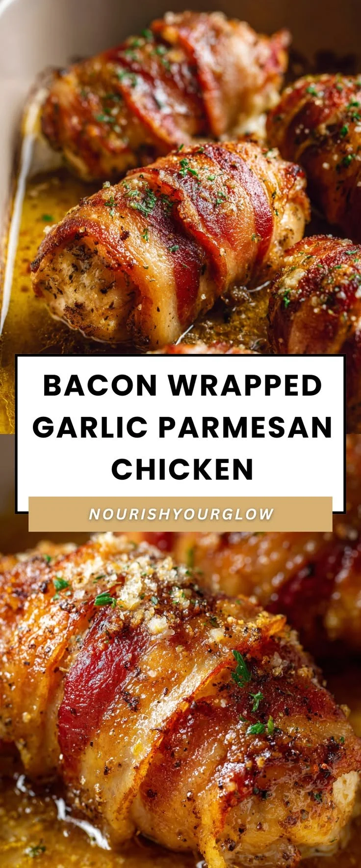Bacon wrapped garlic parmesan chicken on a plate garnished with herbs