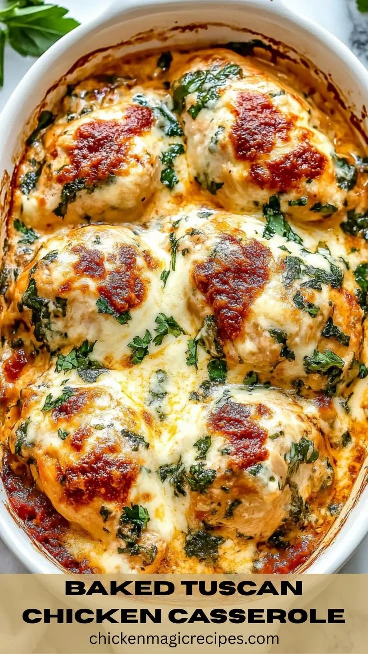 Delicious baked Tuscan chicken casserole with herbs and cheese topped