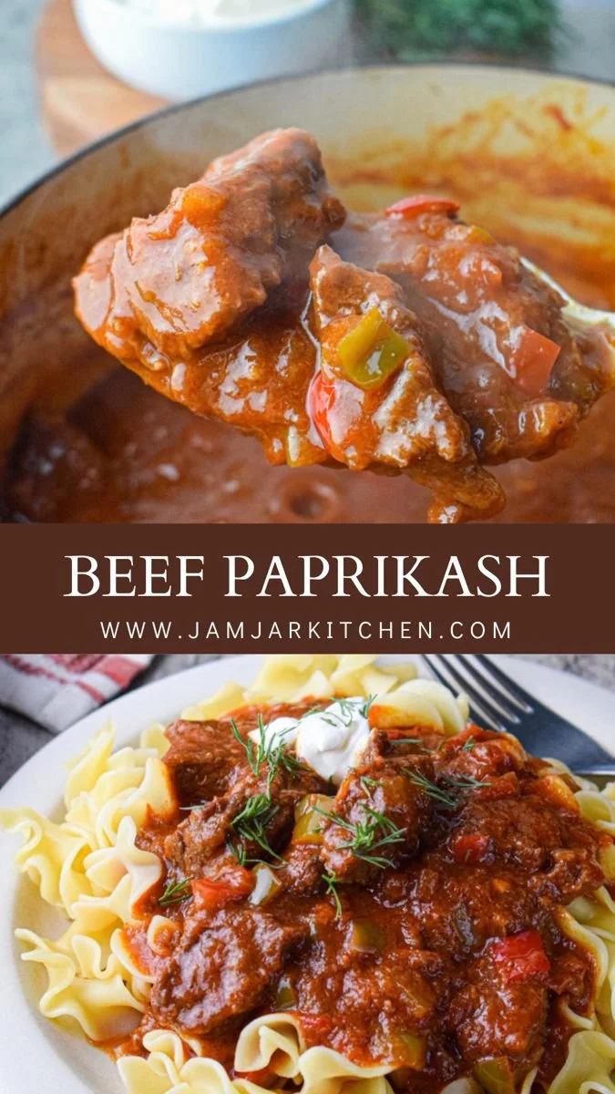 Delicious Beef Paprikash served with creamy sauce and fresh herbs