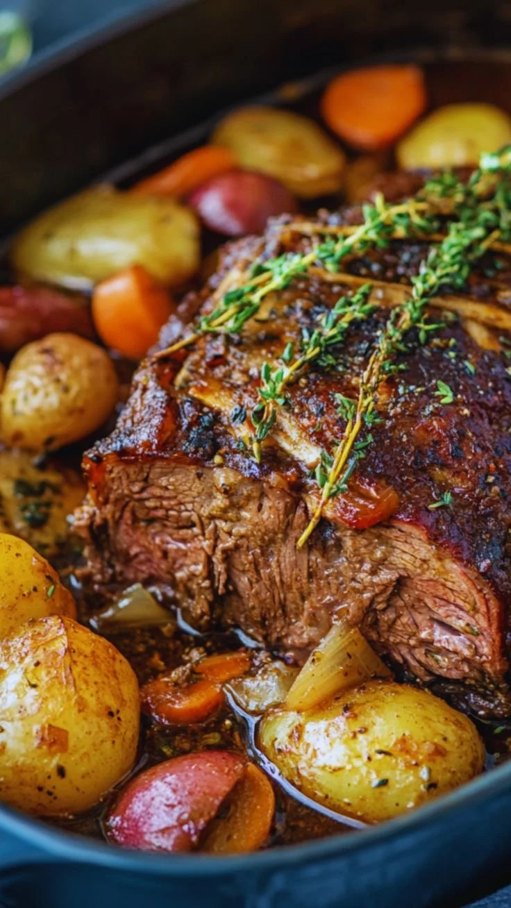Delicious beef pot roast served with vegetables and herbs for a comforting meal.