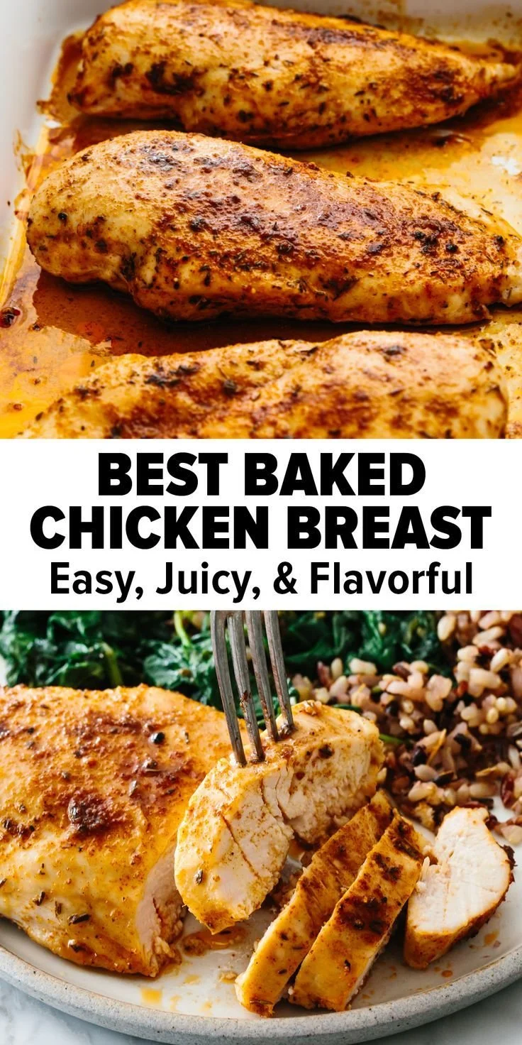 Juicy baked chicken breast served with herbs and vegetables