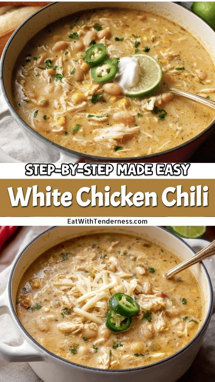Delicious bowl of homemade white chicken chili with toppings.
