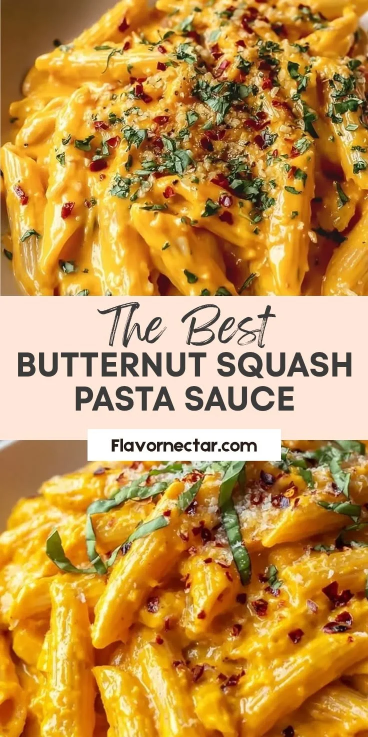 Easy butternut squash pasta sauce in a bowl garnished with herbs