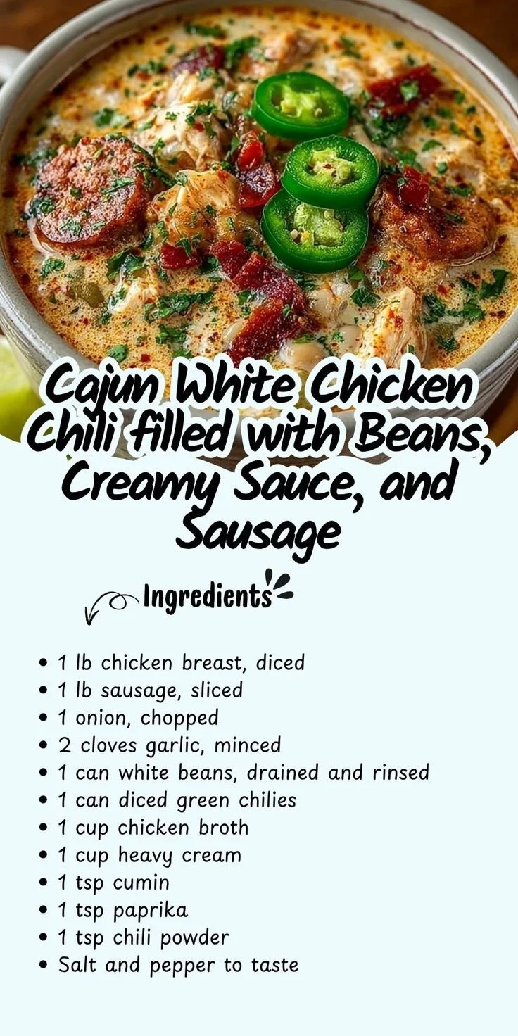 Delicious Cajun White Chicken Chili with beans, creamy sauce, and sausage