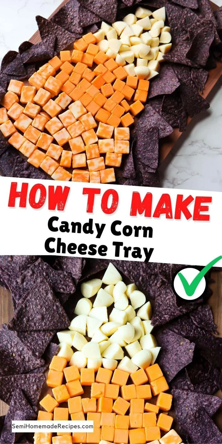 Candy Corn Cheese Tray featuring a variety of cheeses and candy corn for Halloween