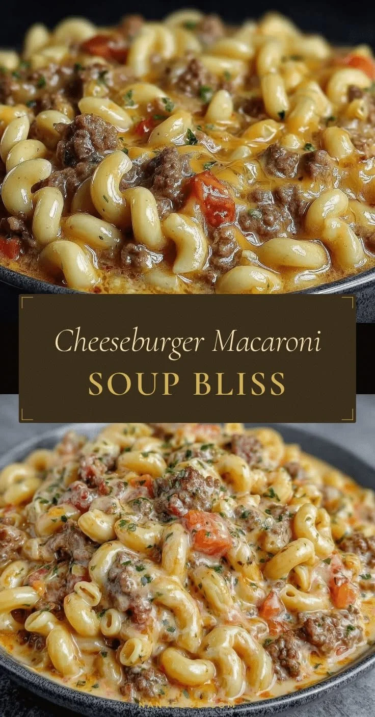 Bowl of creamy cheeseburger macaroni soup topped with cheese and herbs