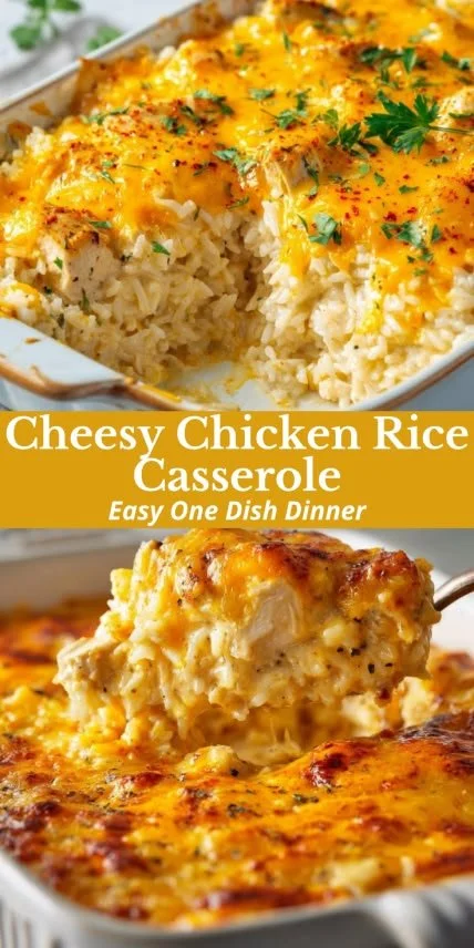 Cheesy Chicken and Rice Bake in a casserole dish topped with melted cheese