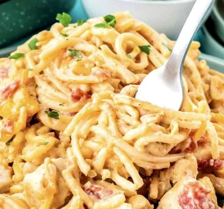 Cheesy chicken spaghetti dish topped with melted cheese and served in a bowl