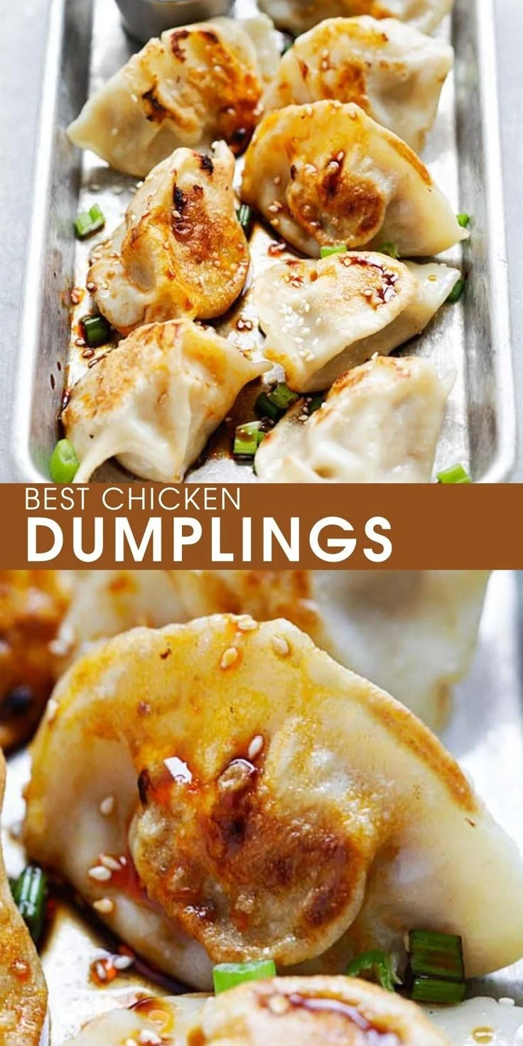 Homemade chicken dumplings served in a bowl with broth and garnishes.