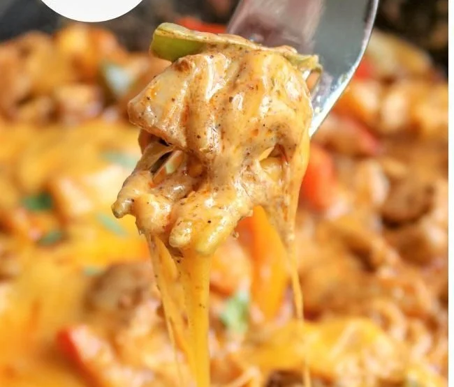 Low carb chicken fajita casserole dish with vibrant peppers and cheese