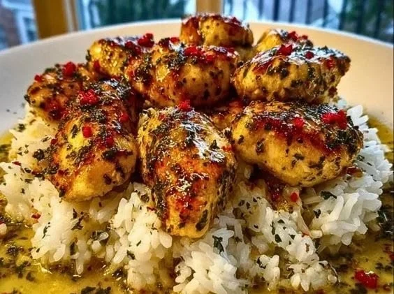 Delicious Chicken Scampi served with creamy garlic parmesan rice