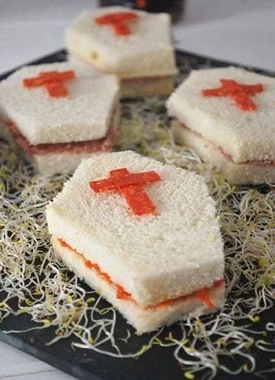A delicious coffin sandwich showcasing unique ingredients and presentation.