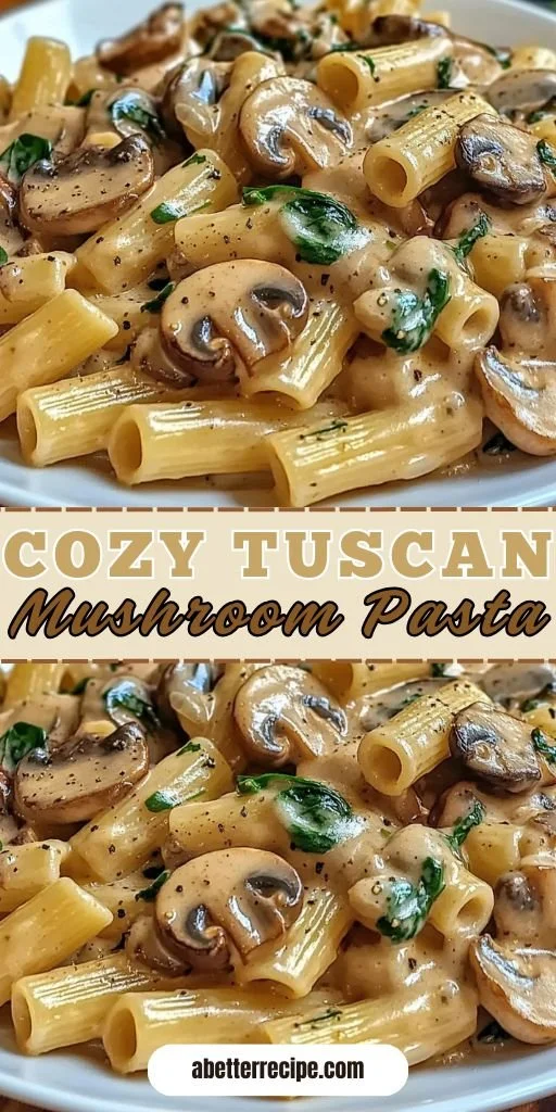 Cozy Tuscan mushroom pasta dish garnished with herbs and served in a bowl.