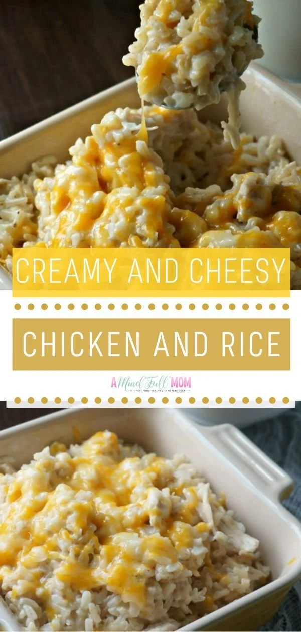 Creamy and cheesy chicken and rice dish served in a bowl