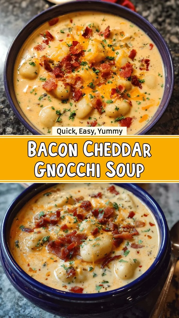 Bowl of creamy Bacon Cheddar Gnocchi Soup topped with crispy bacon and cheddar cheese