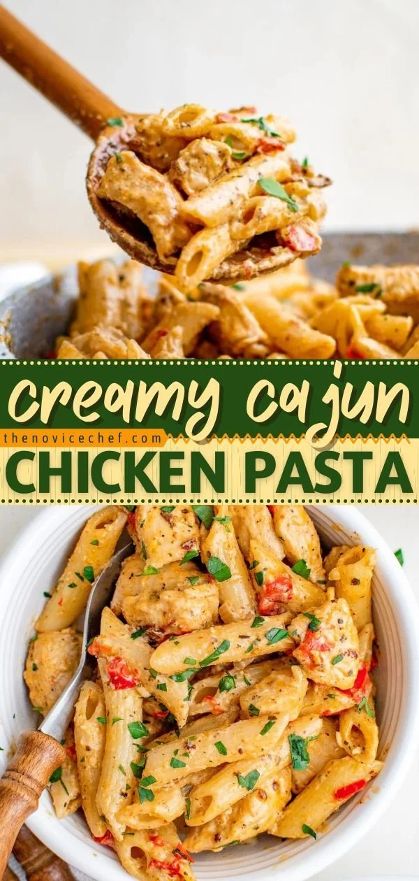 A bowl of creamy Cajun Chicken Pasta garnished with herbs and spices