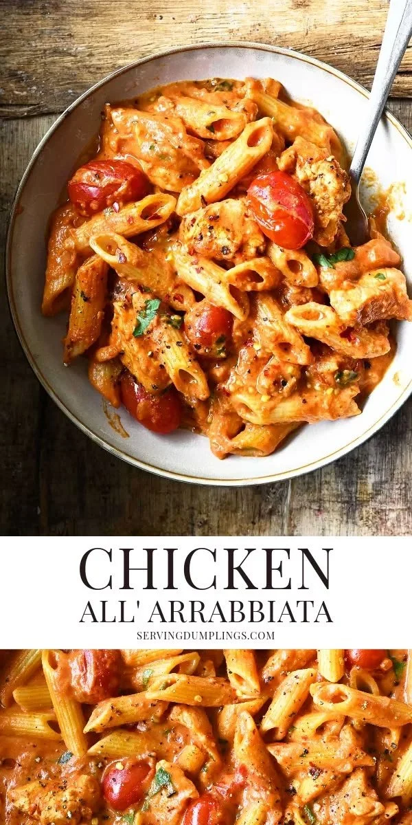 Delicious Creamy Chicken all'Arrabbiata served with pasta and herbs