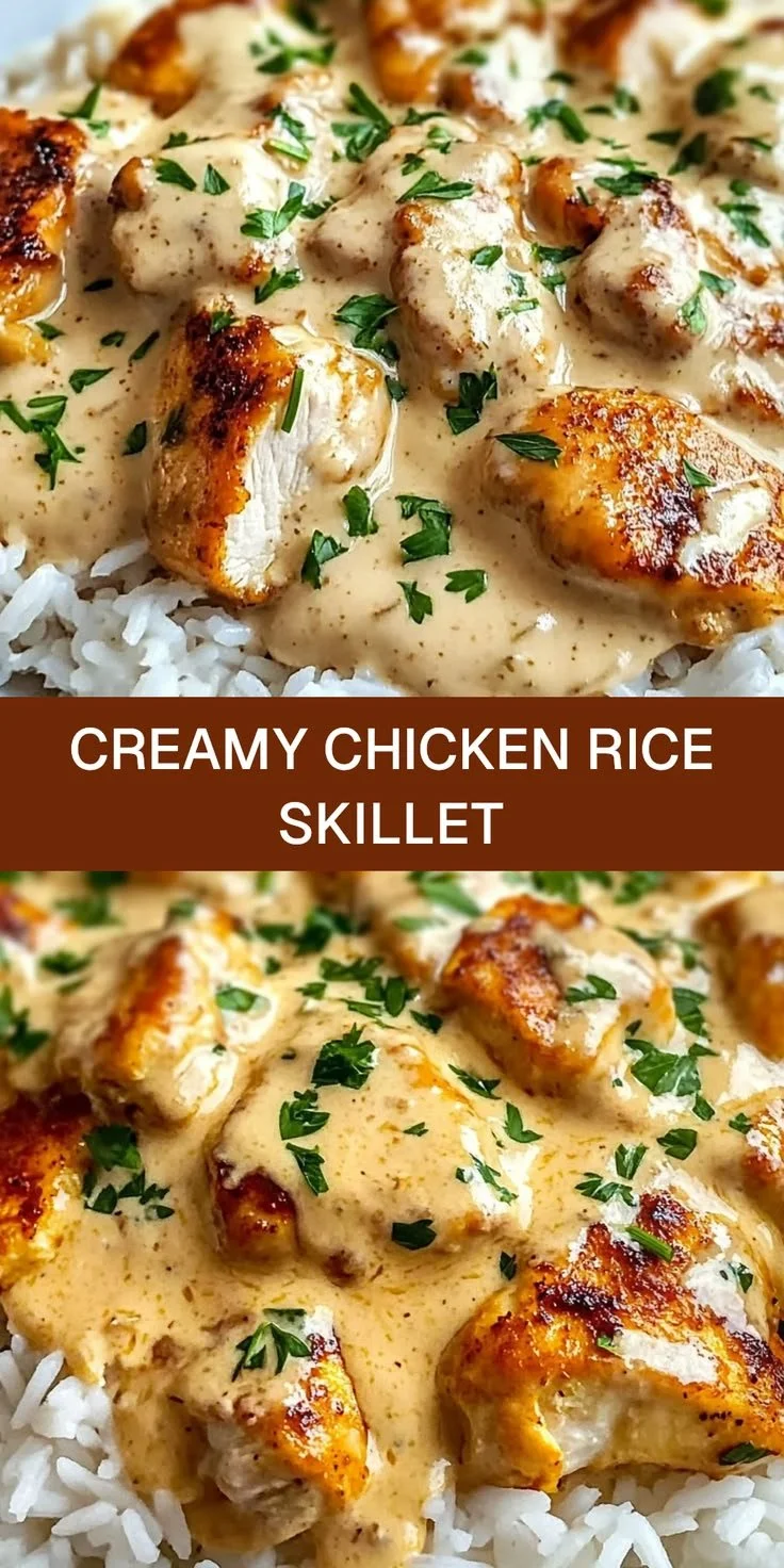 Creamy chicken and rice skillet recipe with tender chicken tenderloins