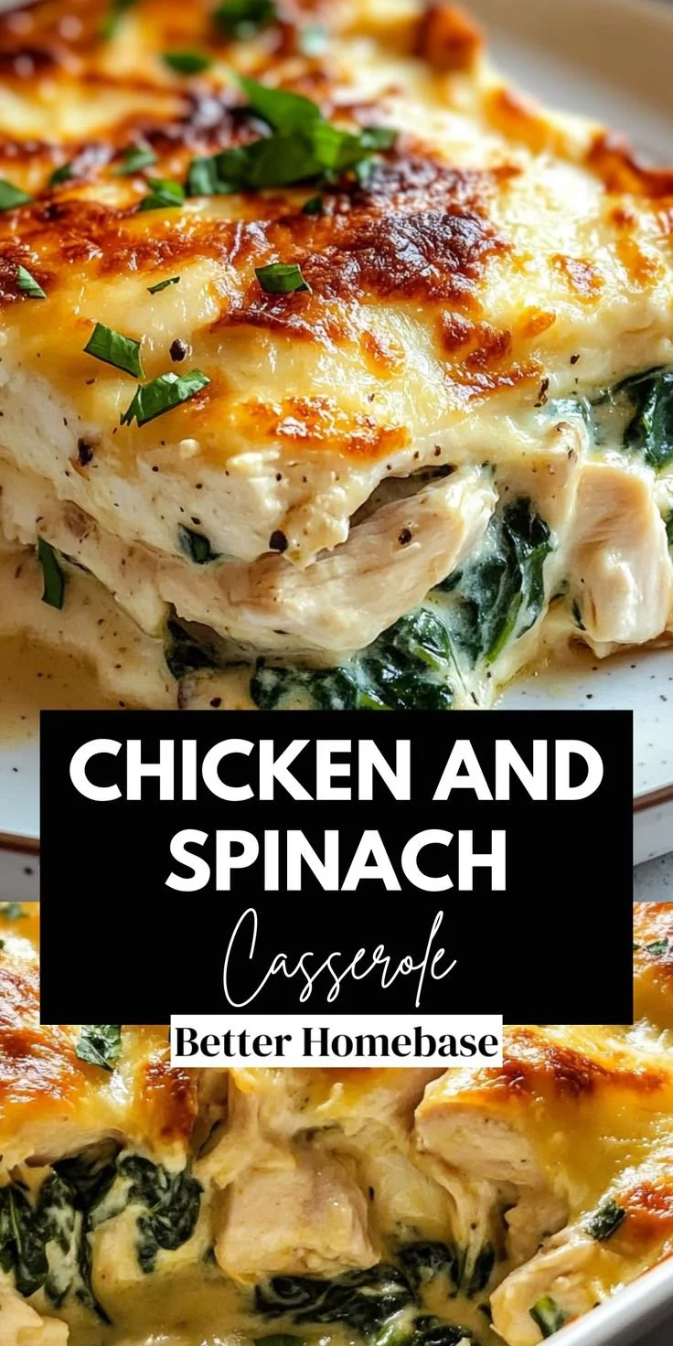 Creamy Chicken and Spinach Casserole baked dish with melted cheese