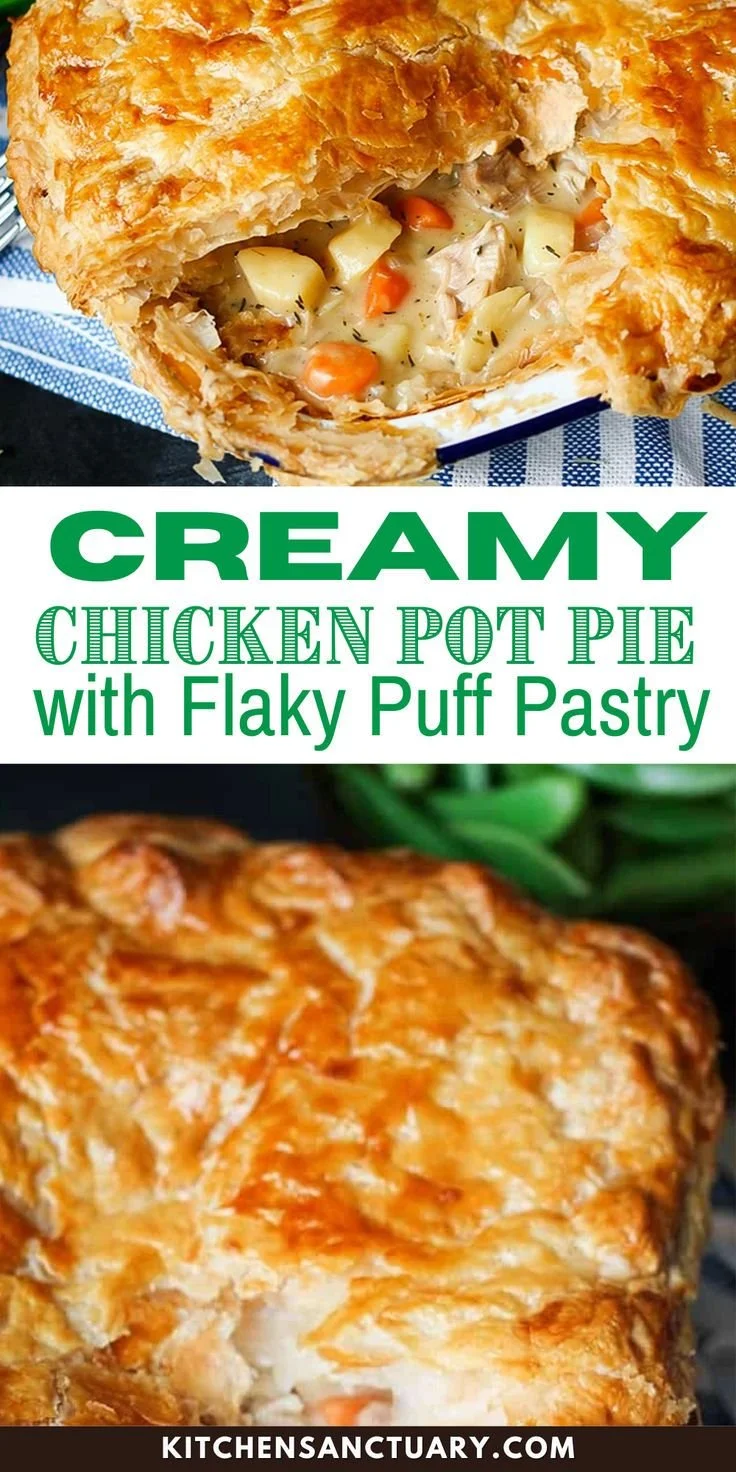 Creamy chicken pot pie with flaky puff pastry and colorful vegetables