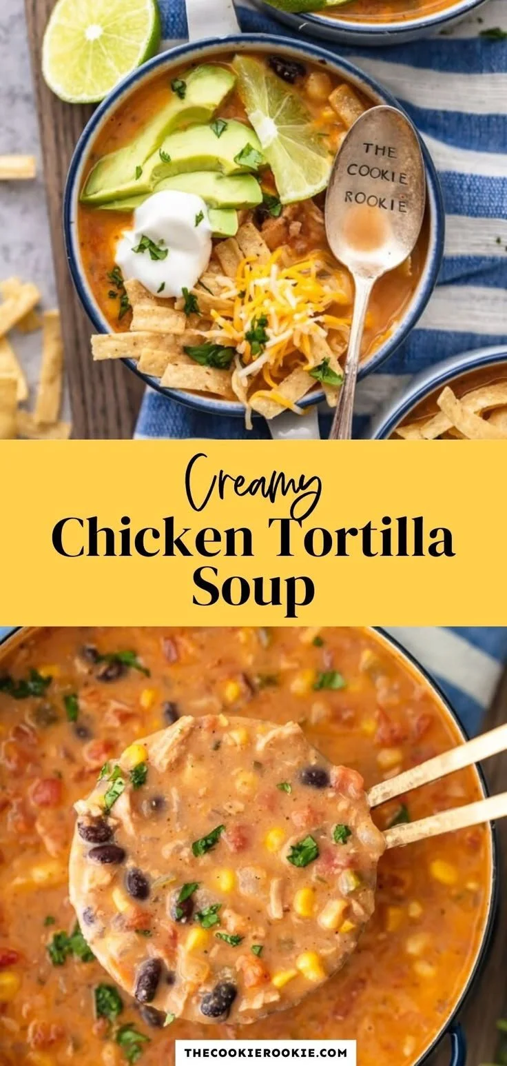 Creamy chicken tortilla soup in a bowl with toppings