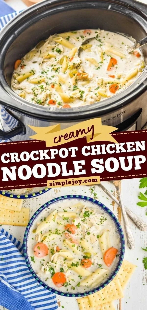 Creamy crockpot chicken noodle soup served in a bowl with fresh herbs