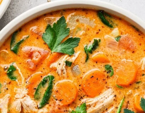 Creamy dairy-free chicken and vegetable soup, gluten-free and Whole30 compliant
