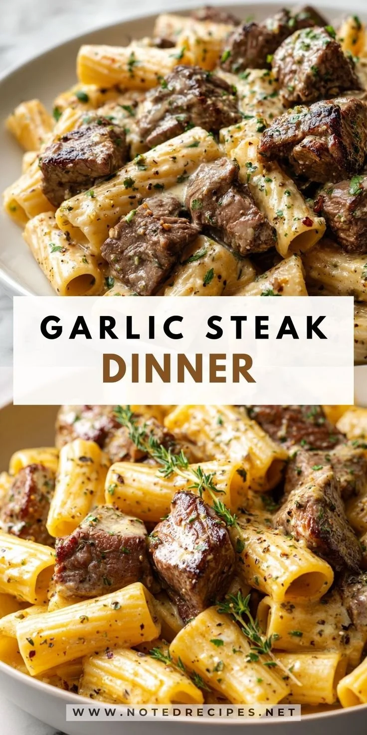 Creamy garlic butter steak pasta served in a bowl with herbs.
