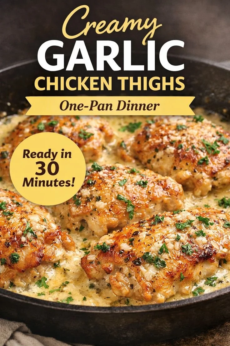 Creamy Garlic Chicken Thighs in a skillet, garnished with herbs.