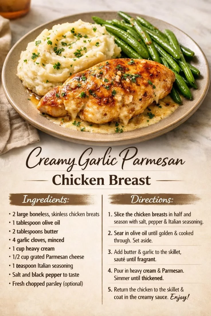 Creamy garlic parmesan chicken breast served with a side of vegetables