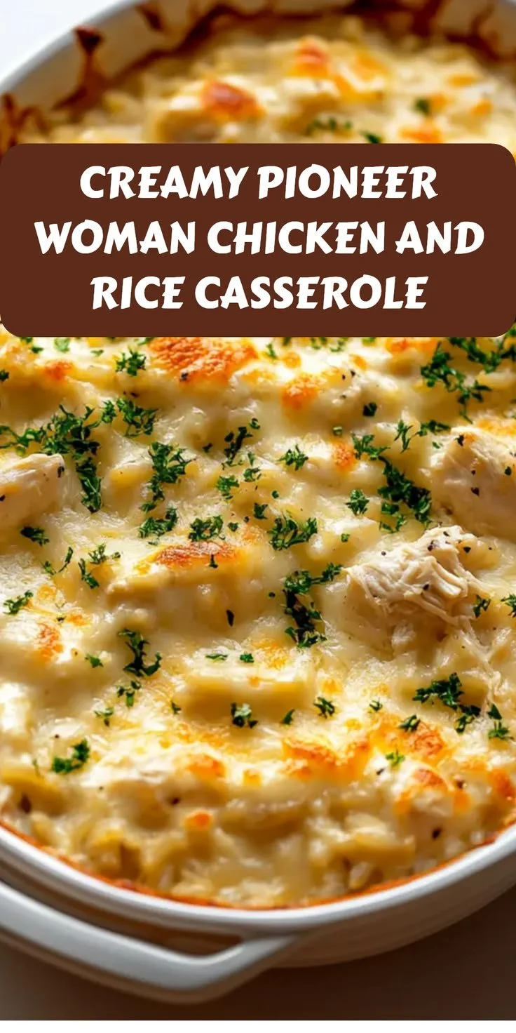 Creamy Pioneer Woman chicken and rice casserole served in a baking dish