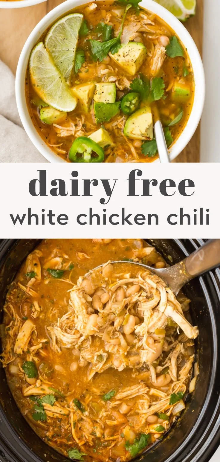 Creamy slow cooker white chicken chili in a bowl with toppings.