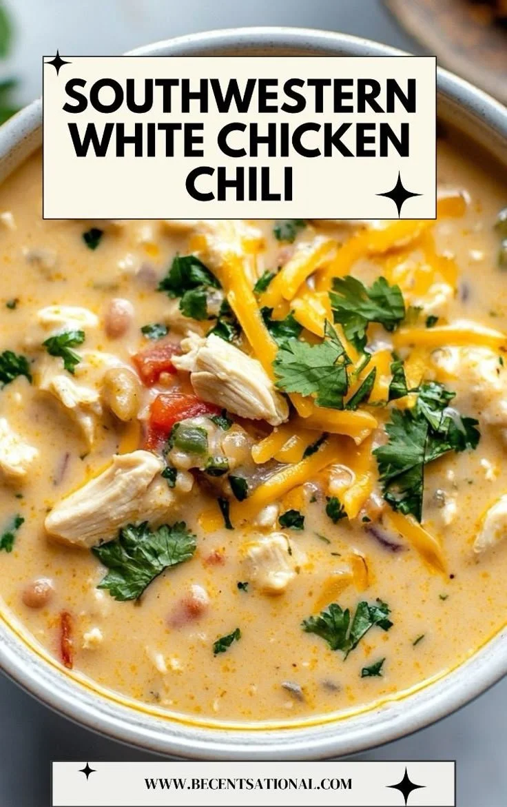 Bowl of creamy Southwestern white chicken chili topped with cilantro and cheese.