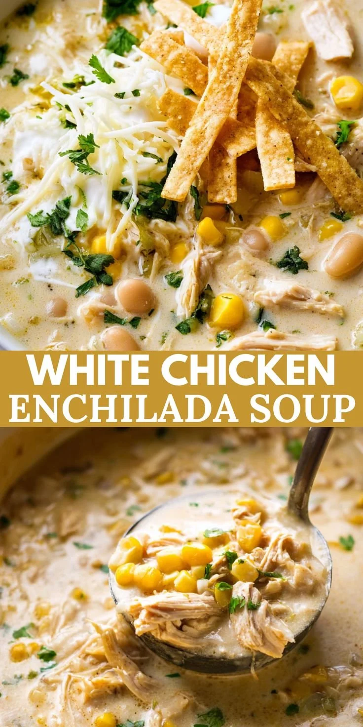 Bowl of creamy white chicken enchilada soup garnished with cilantro and cheese