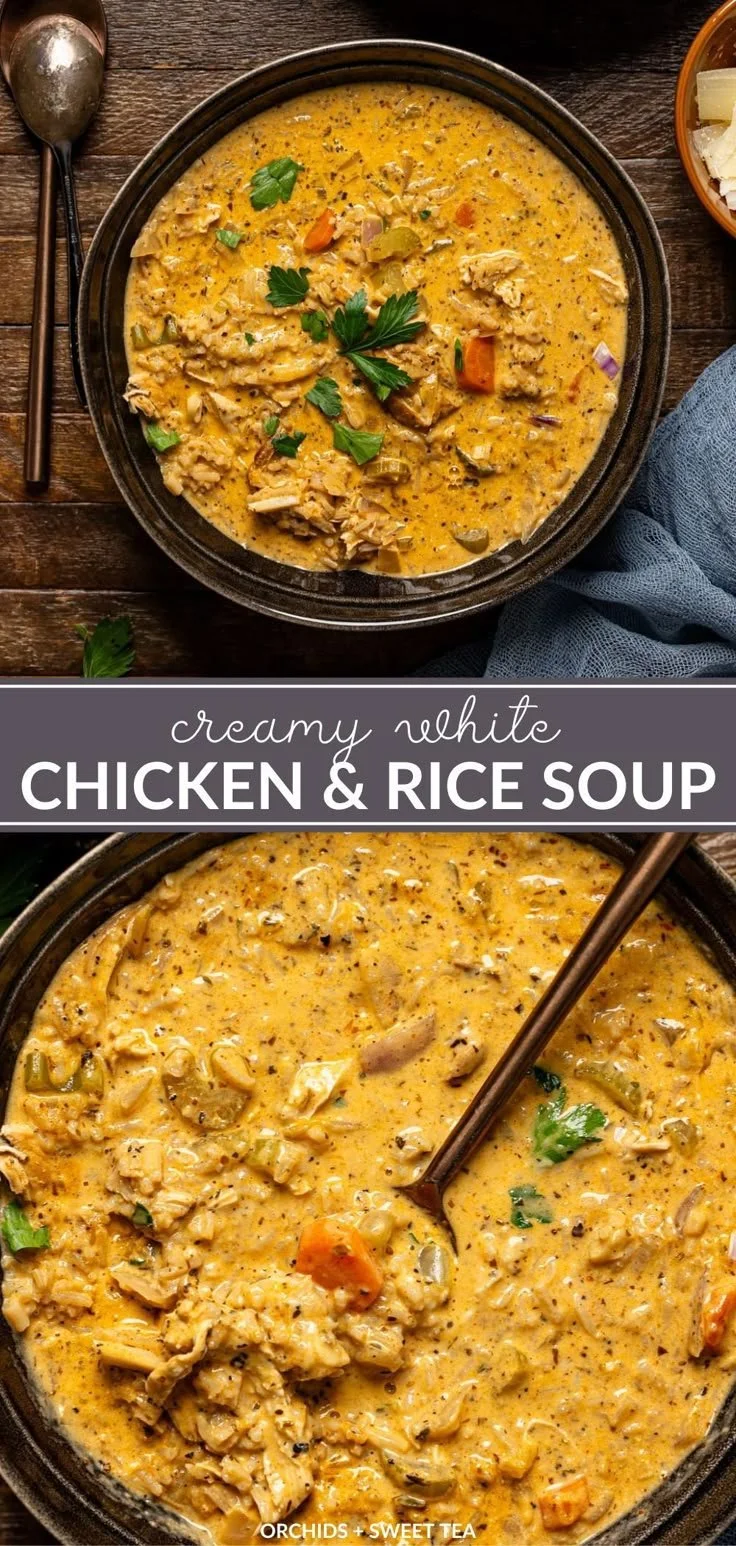 Bowl of creamy white chicken rice soup garnished with herbs