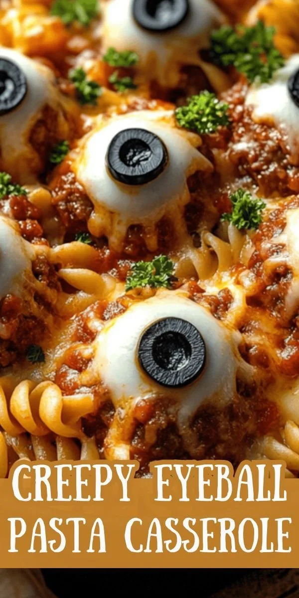 Creepy Eyeball Pasta Casserole with mozzarella and olives