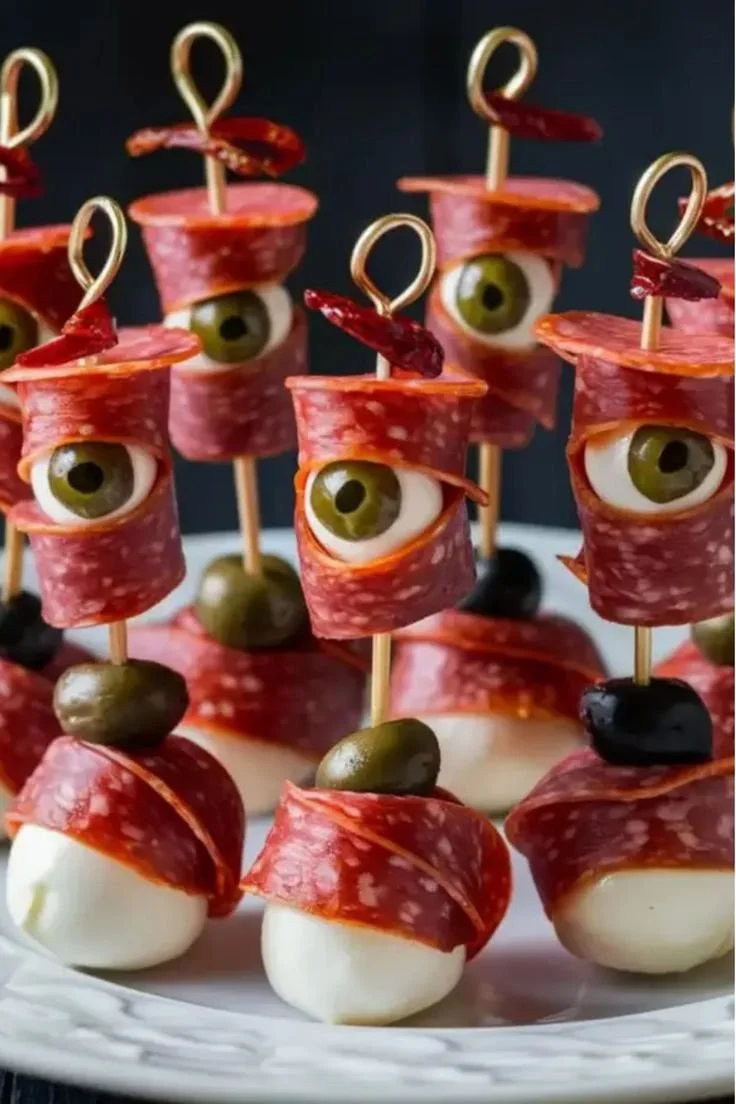 Creepy Halloween skewered salami eyeballs on a platter