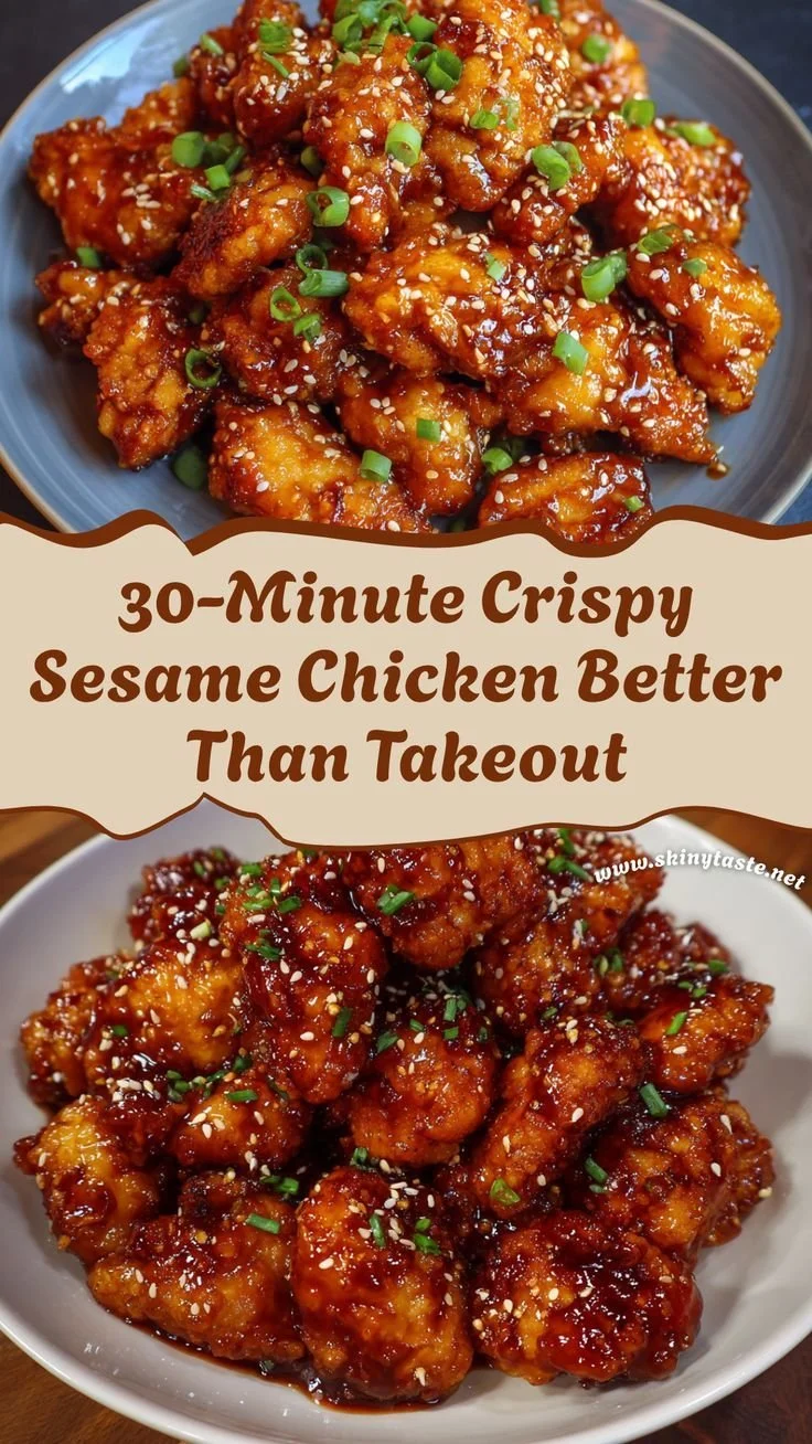 Crispy sesame chicken dish served with rice and vegetables, ready in 30 minutes.