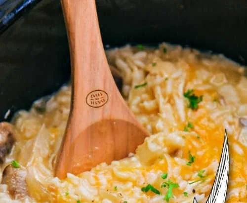 Delicious Crock Pot Cheesy Chicken and Rice recipe served in a bowl