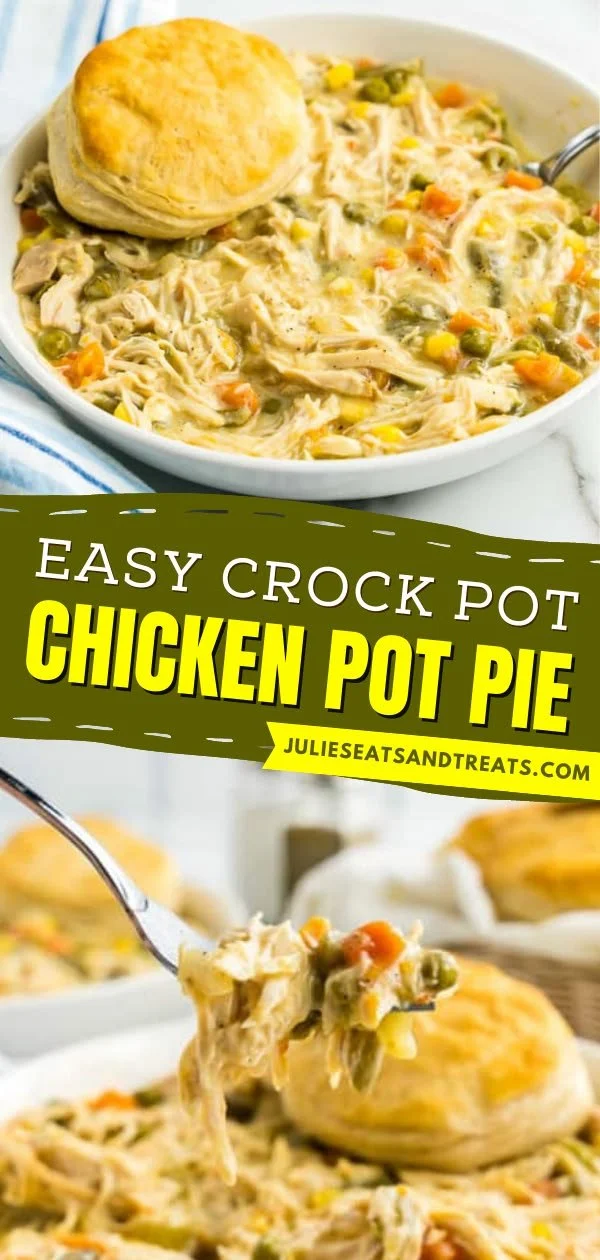 Delicious homemade crock pot chicken pot pie topped with flaky crust.
