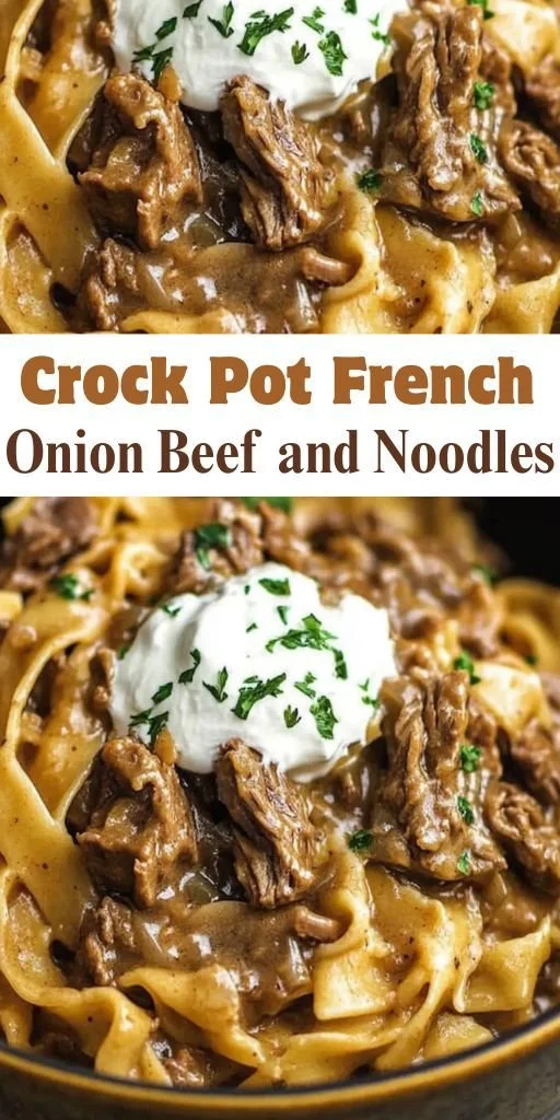 Delicious Crock Pot French Onion Beef and Noodles served in a bowl