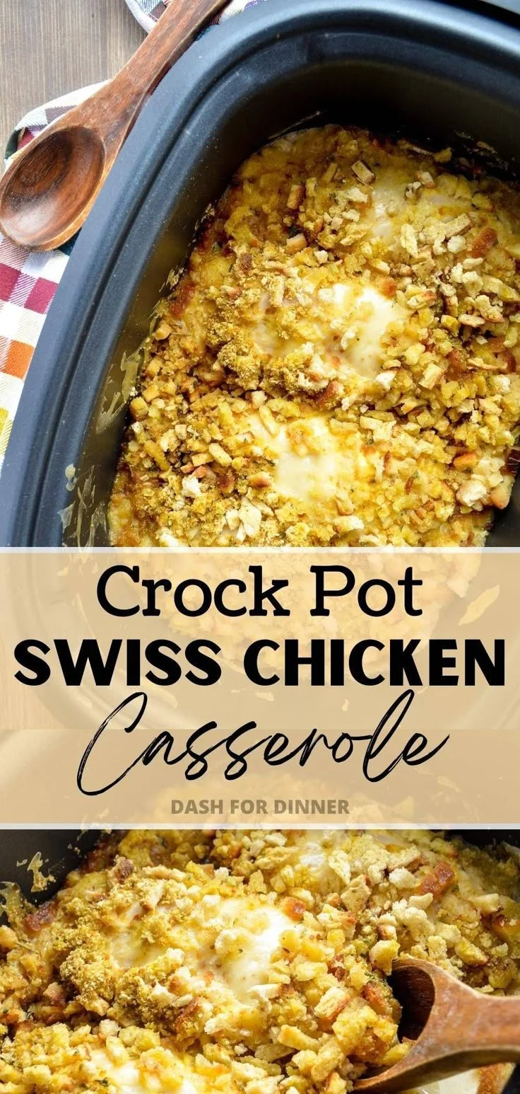 A delicious Crock Pot Swiss Chicken Casserole served in a bowl.