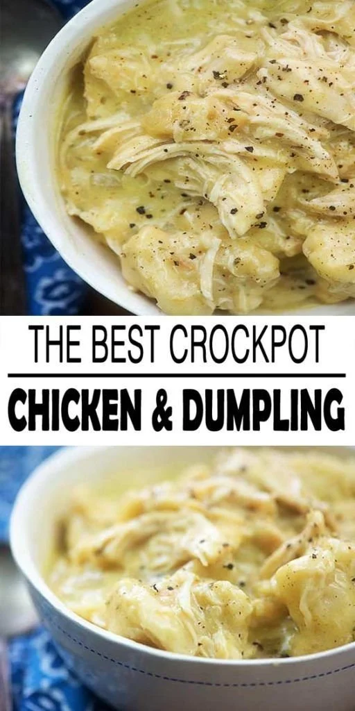 Crockpot Chicken and Dumpling dish served in a bowl with herbs.