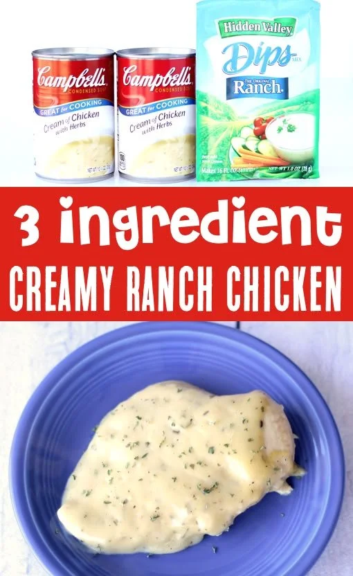 Easy creamy ranch chicken recipe made in a crockpot with three ingredients.