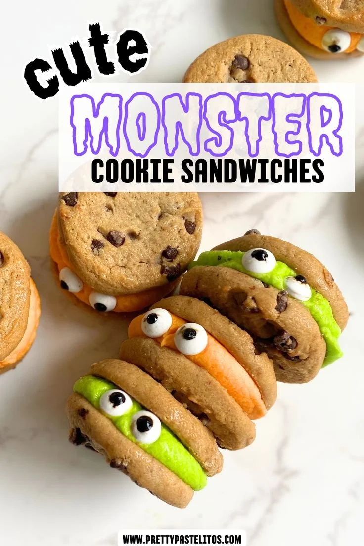 Cute monster cookie sandwiches made with no-bake ingredients for fall desserts